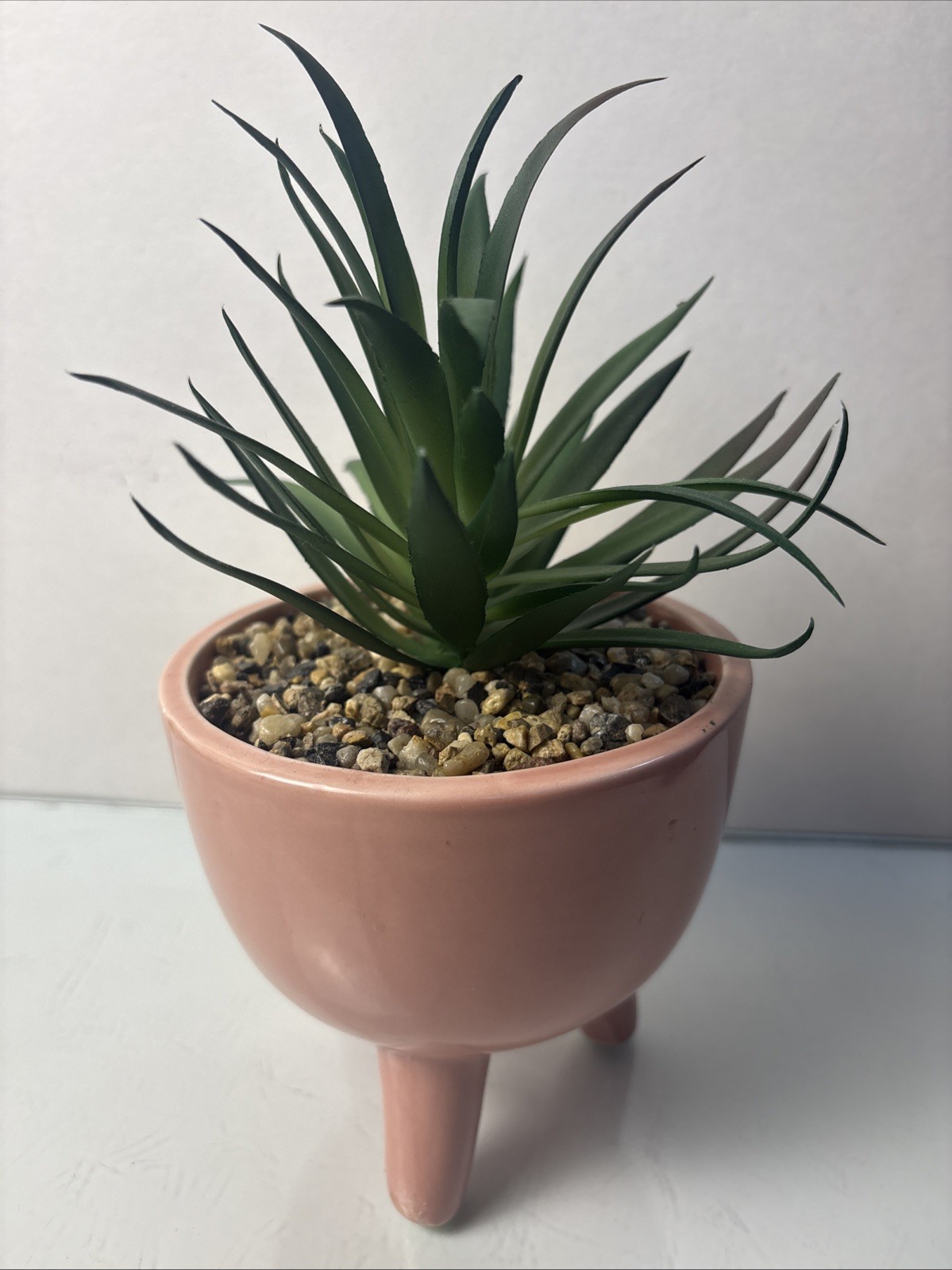 Ceramic Planter w Faux Succulent Pink Tripod Pot Mid Century Style Decor