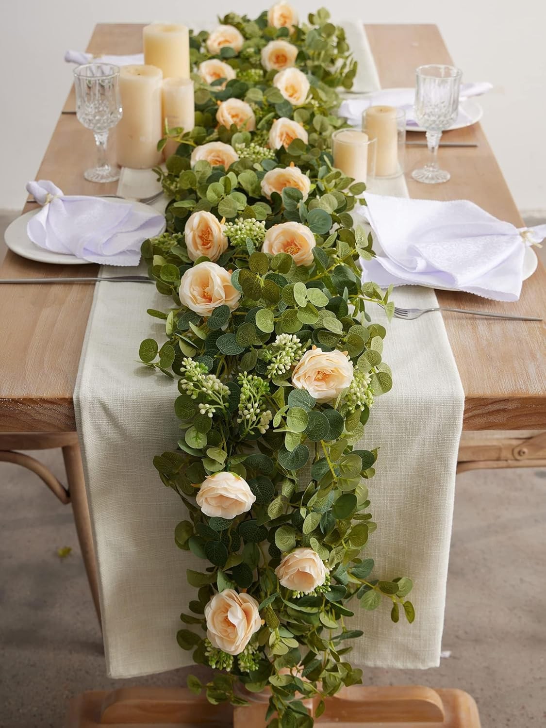 6.56ft Eucalyptus Garland W/ Flowers-8 White Roses Artificial Fake Flowers