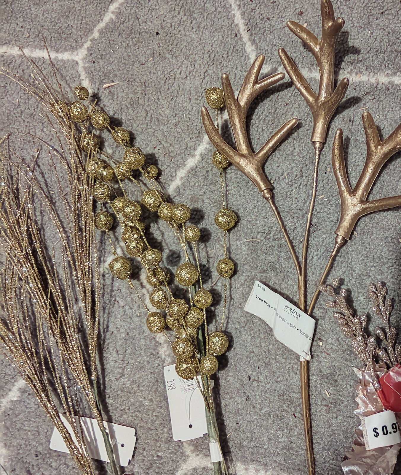 21 Faux Glitter Gold Branches, Flowers, Balls, Artificial Antler, Trees