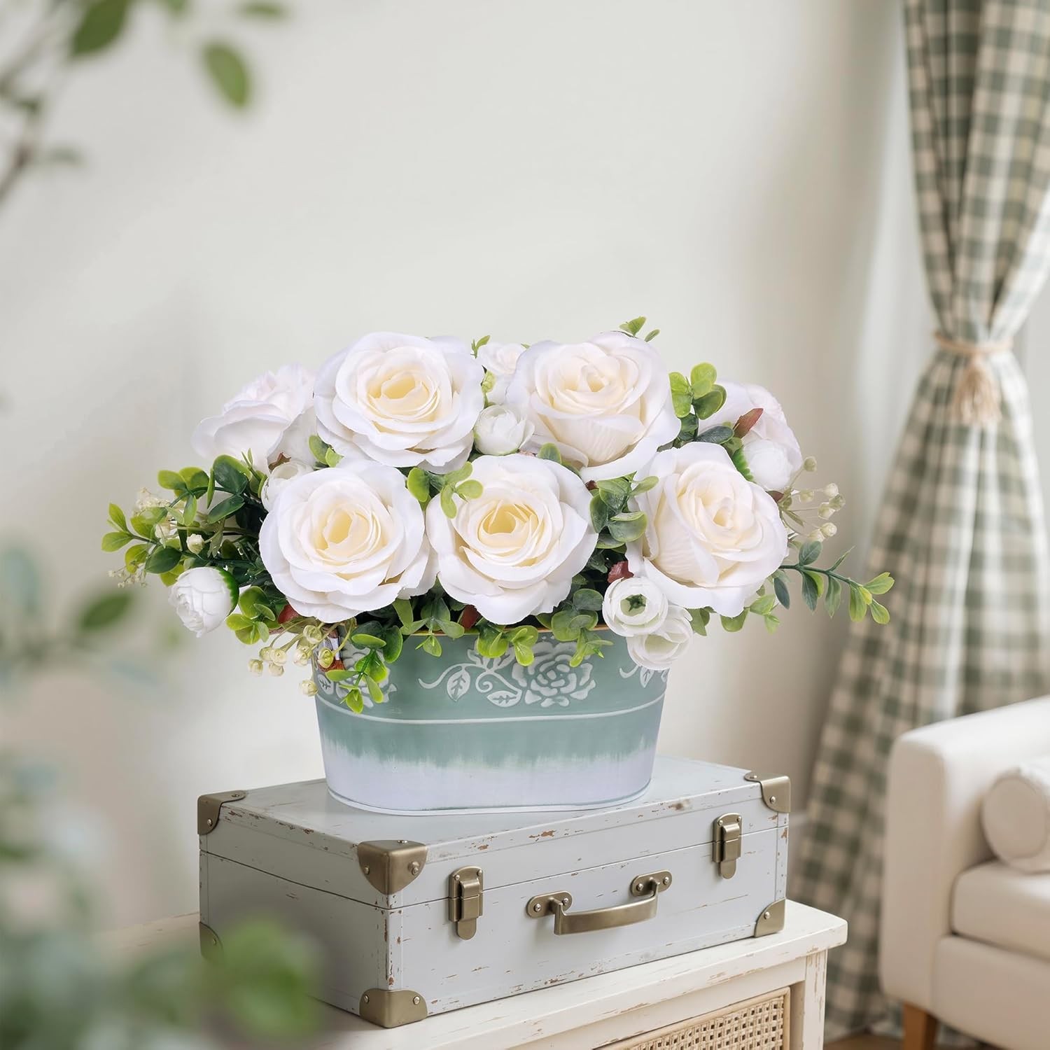 Artificial Rose Flower Arrangement for Table Centerpiece, Farmhouse White Sil…