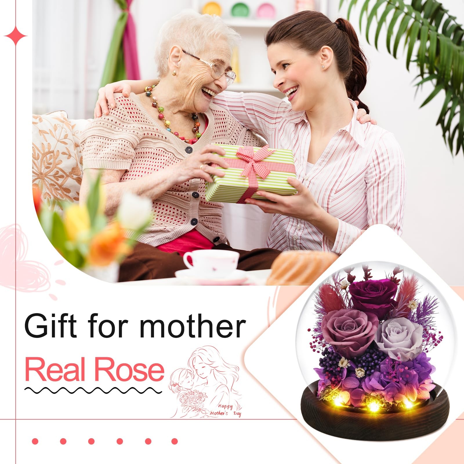 FRYMSHE Gifts for Wome, Mom, Grandma, Wife, Preserved Rose Flowers in Glass Dome