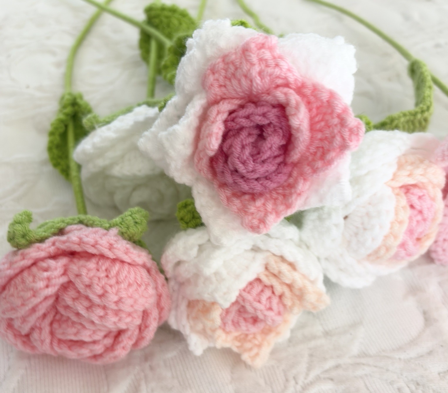 Handmade Crochet Flower Bouquet Pink Roses Lily Knit Flowers Gift Home Decor