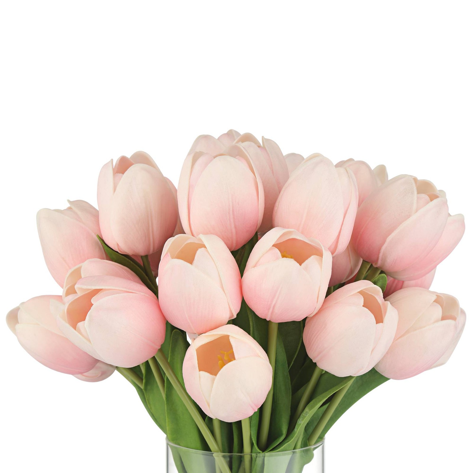 Emmie Pink Tulips 12″ High Faux Flower in Clear Glass Vase