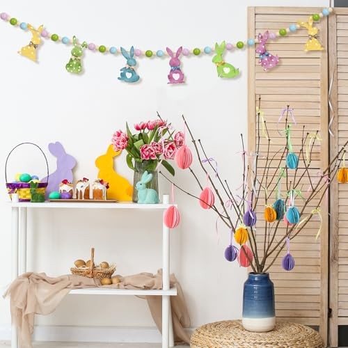 1 Set Easter Mantle Garland 6.56 ft Wood Easter Beads Banner Colorful Bunny
