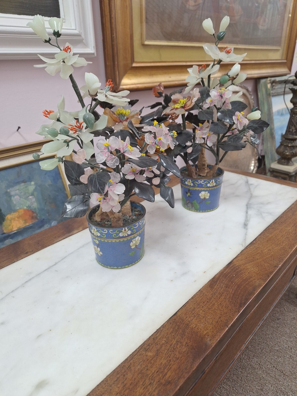 2 Hand Painted Japanese Flower Pots With Artificial Flowers With Jade 3.5″ Diam