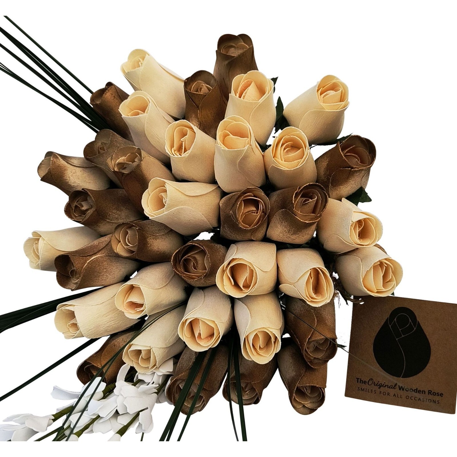 50 Year Anniversary Gold White Flower Bouquet The Original Wooden Rose 1,2,3 Doz