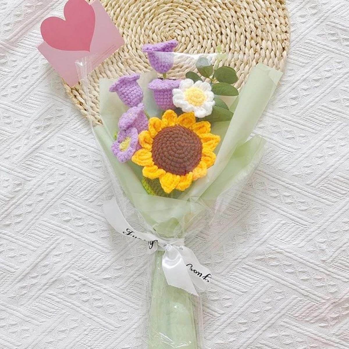 Crochet Flowers Bouquet,Hand Knitted Sunflower Daisy Lily of The Valley,Etern…