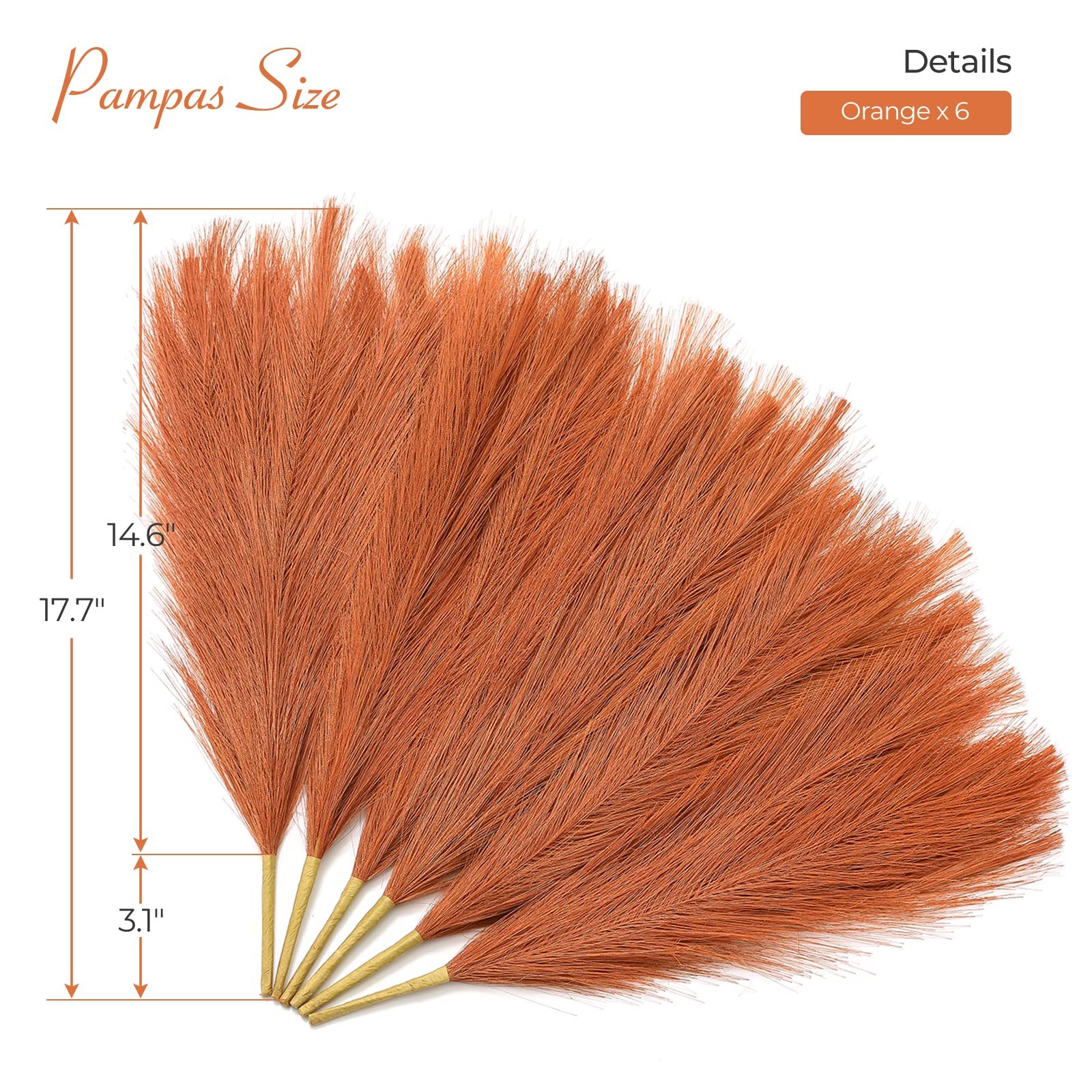 Pampas Grass Decor 17.7 Inch 6 Pcs Orange Pampas Grass, Faux Burnt Orange Pam…