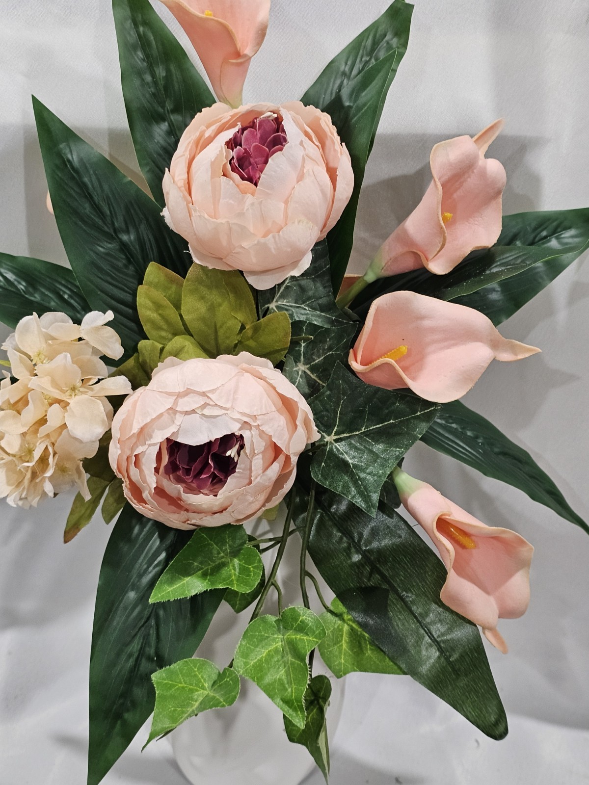 Simple beauty Artificial Peonies Calla with Rich Dark Greenery 17″ H x 15″ W