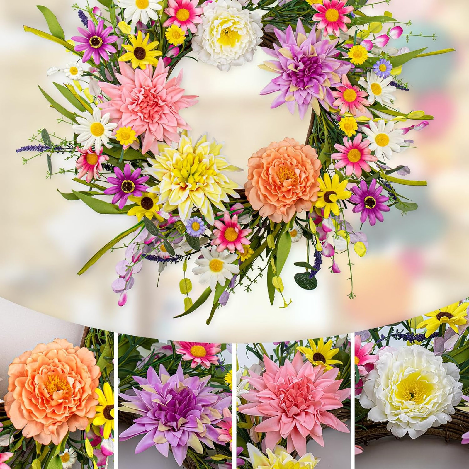 Artificial Spring Wreath 22 Inch Floral Wreath Front Door Decor for Indoor