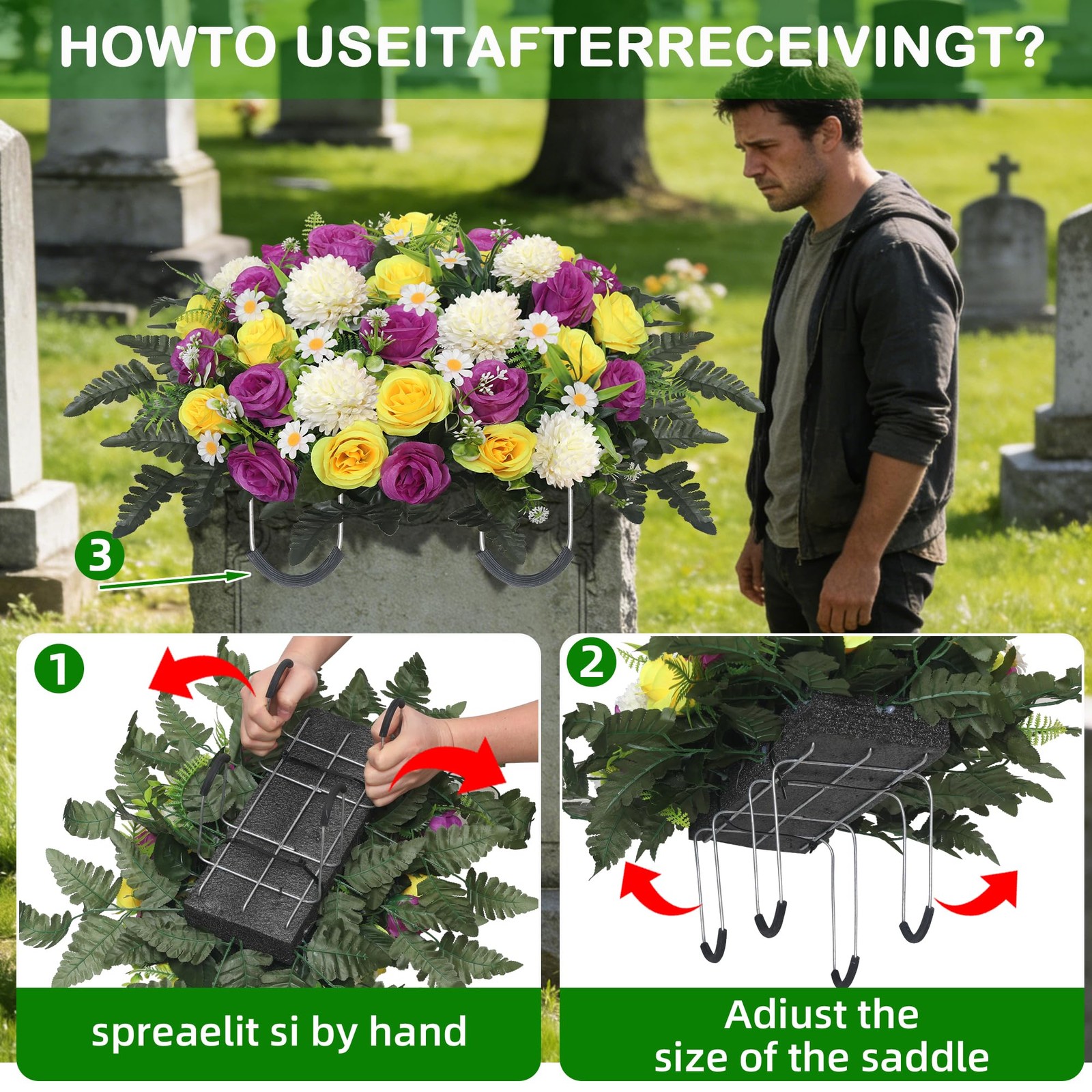Headstone Flower Saddle,Large Artificial Cemetery Flowers for Grave Roses & C…