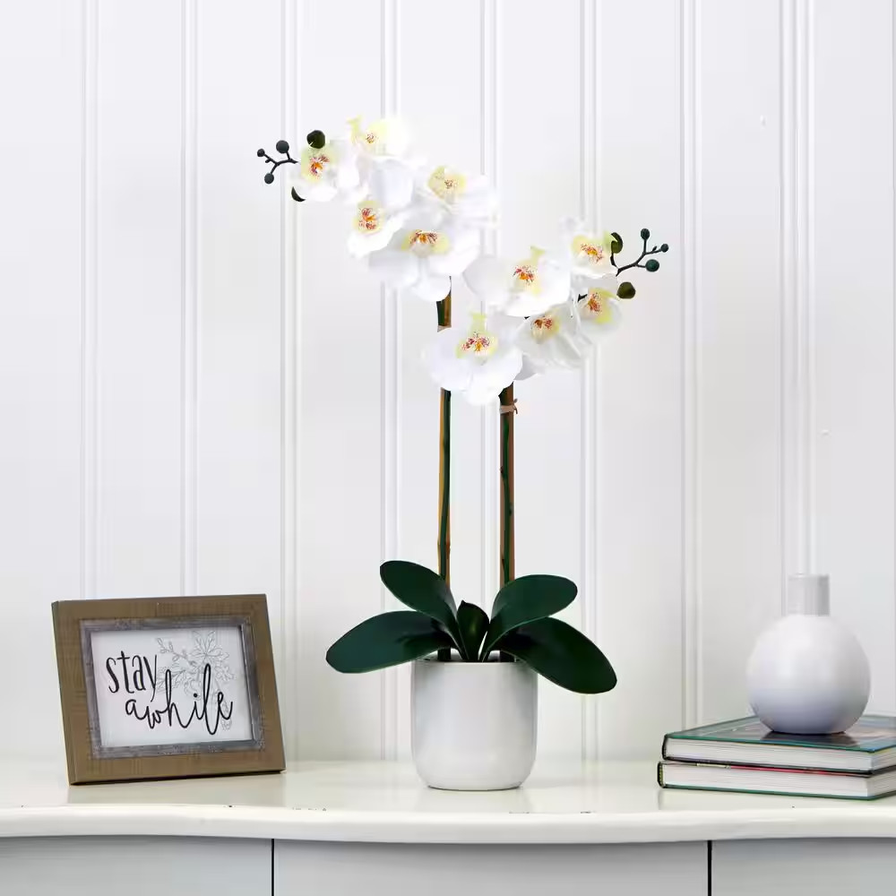 26 In. White Artificial Double Orchid Phalaenopsis Floral Arrangement with Decor