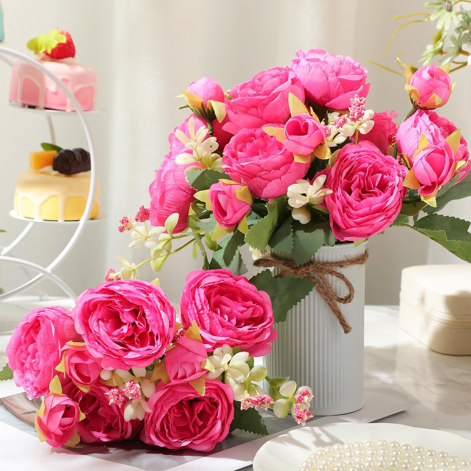 Artificial Peonies Flower Bouquet With Metal Pot Faux Floral Rose Red 3 Sets