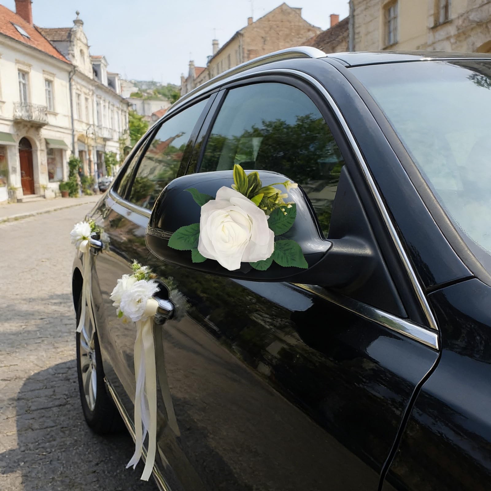 6 PCS White Rose Peony Wedding Car Decoration Kit Floral Door Handle Mirror