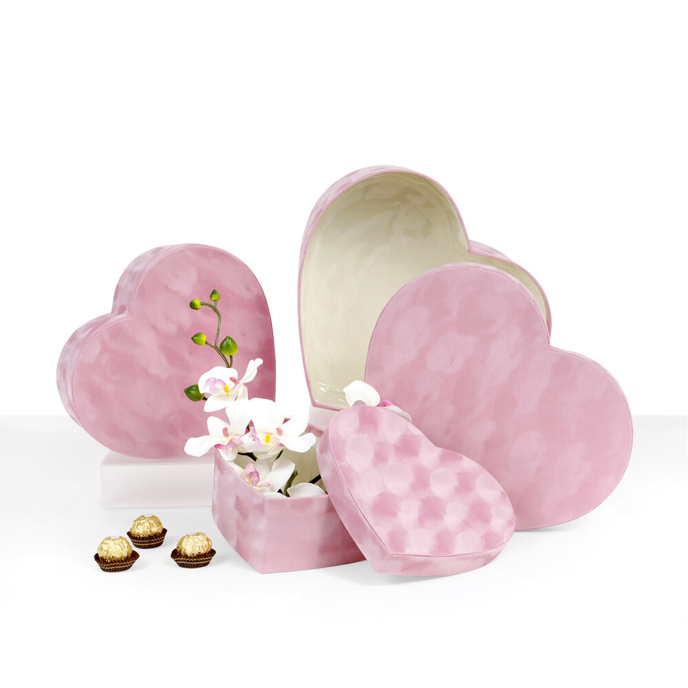 Premium Quality Heart Shaped Velvet Flower Boxes, Set of 3, Liner Included
