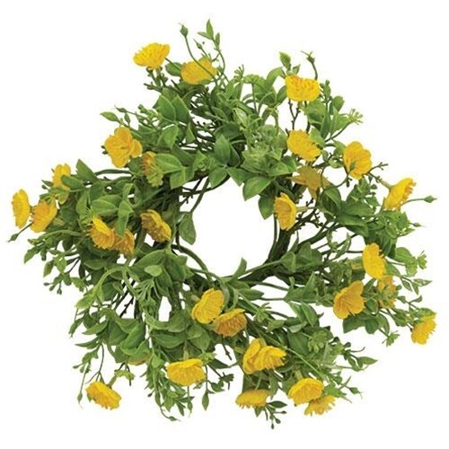 New Farmhouse YELLOW CANDLE RING PRIMROSE Floral Wreath 3″ x 8″-10″ Cottage Chic