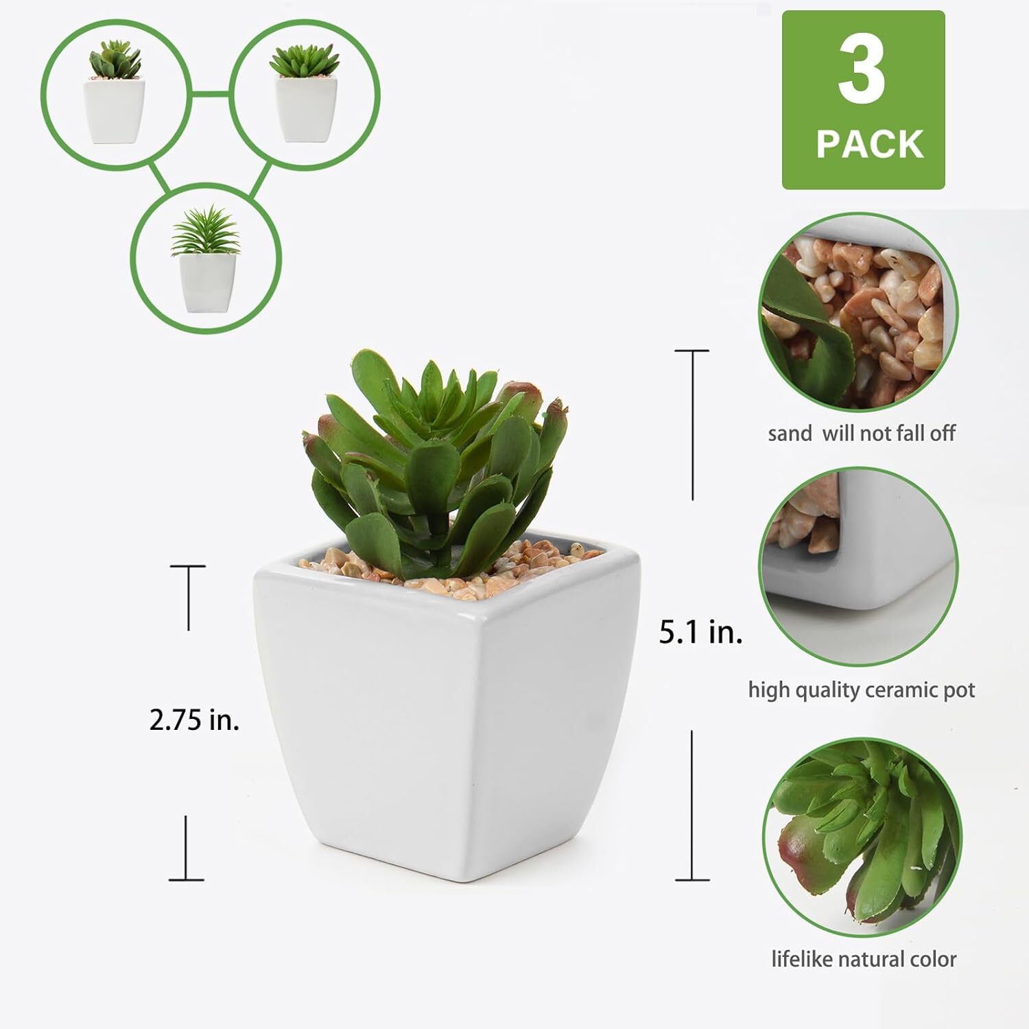 Set of 3 Succulents Plants Artificial in Ceramic Pots Small Fake Succulents P…