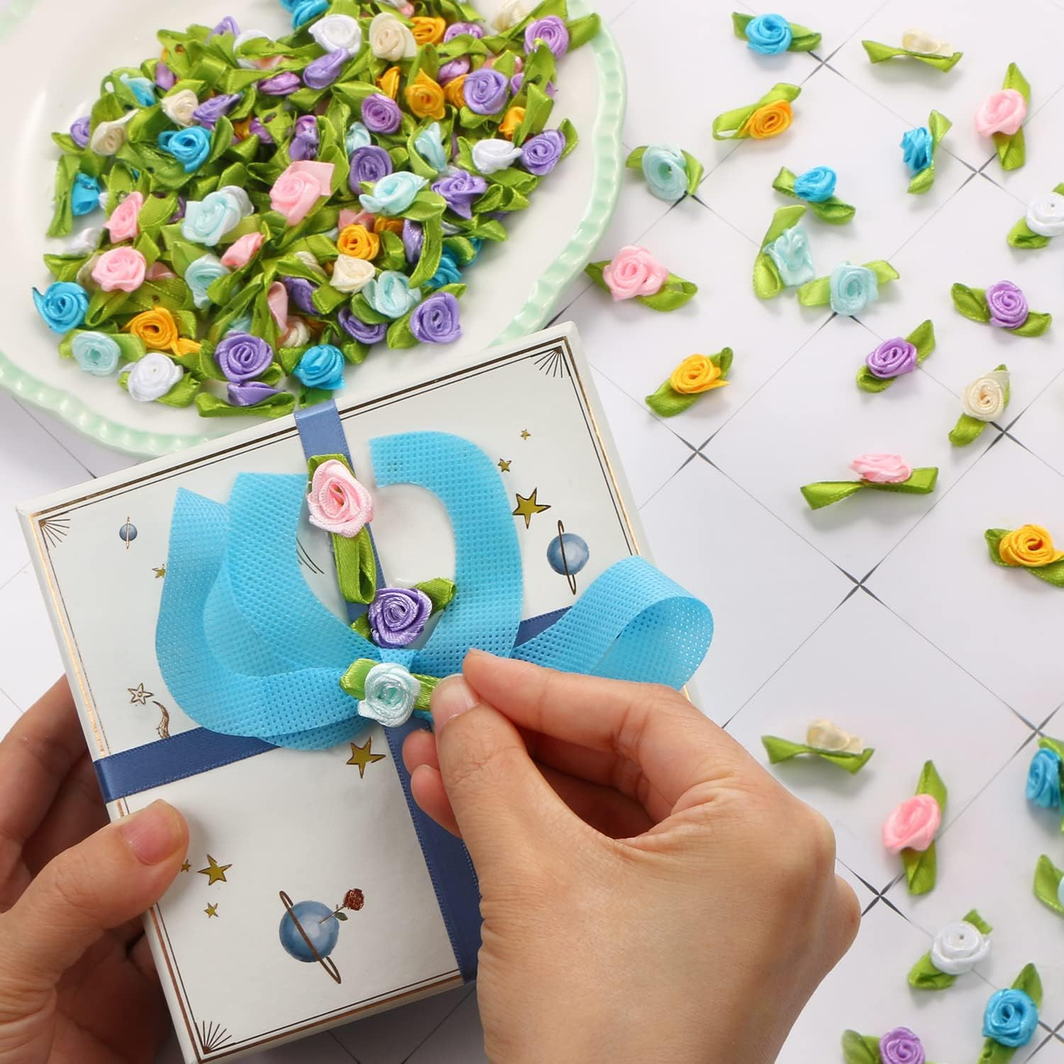 200 Mini Ribbon Roses Mixed Color Artificial Fabric Flowers with Green Leaves Sm