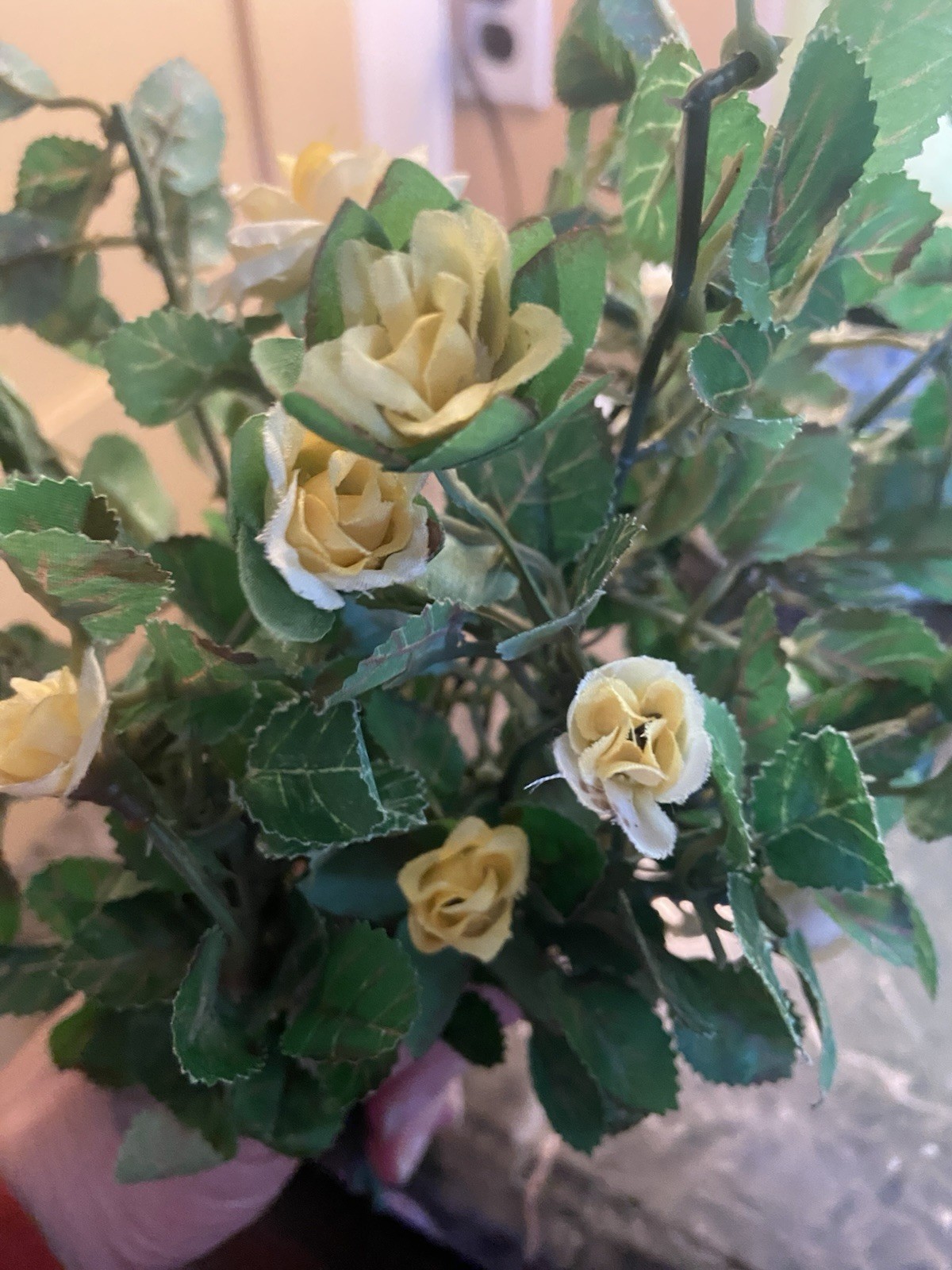 Vintage 1980s Artificial Yellow Rose And Leaf Stems
