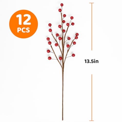 pcs13.5″ Red Holly Berry Stems for Christmas Tree, Faux Greenery Picks and 12