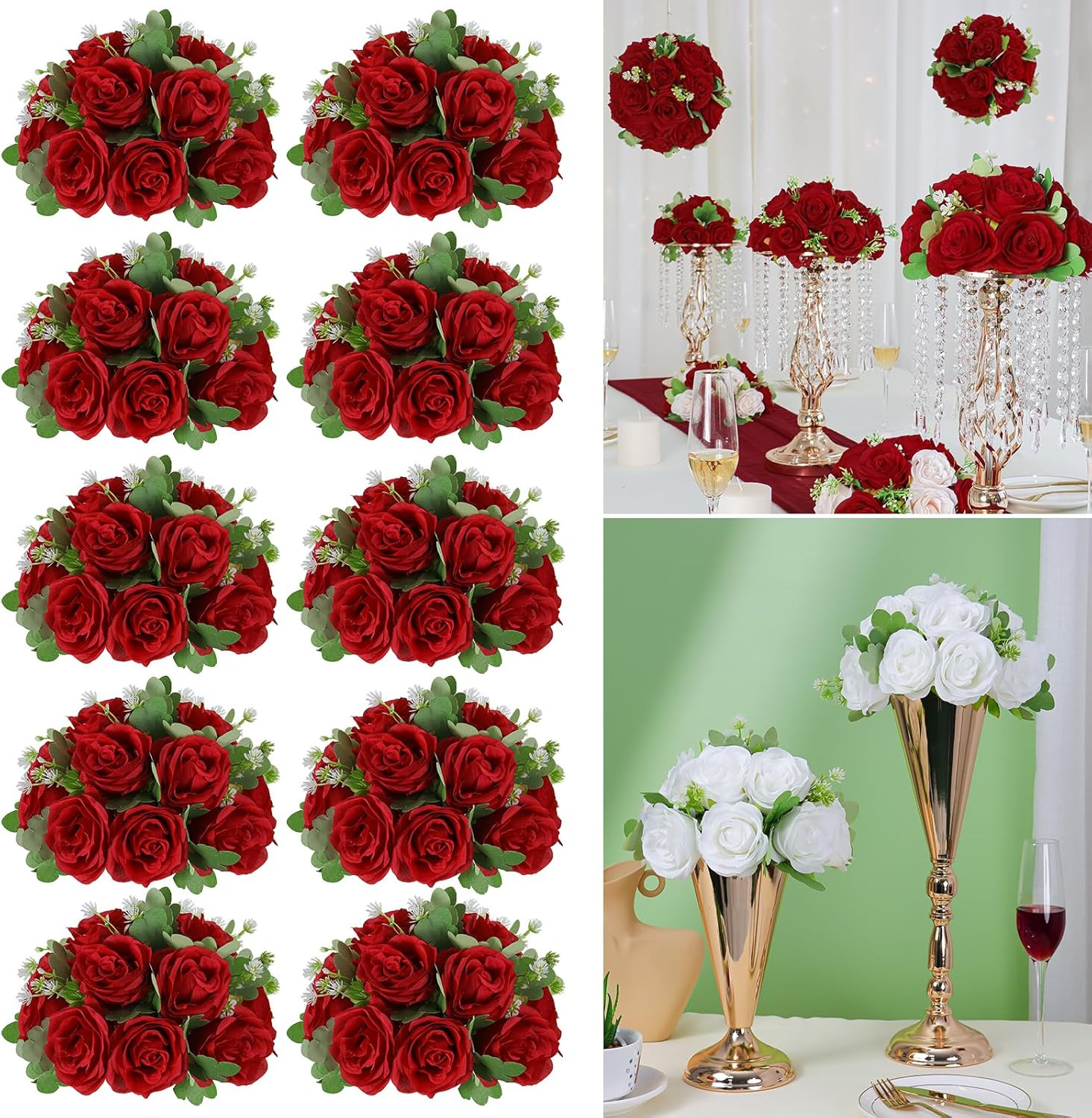 Red Rose Silk Flower Ball Centerpieces – 10 Pack for Weddings & Events