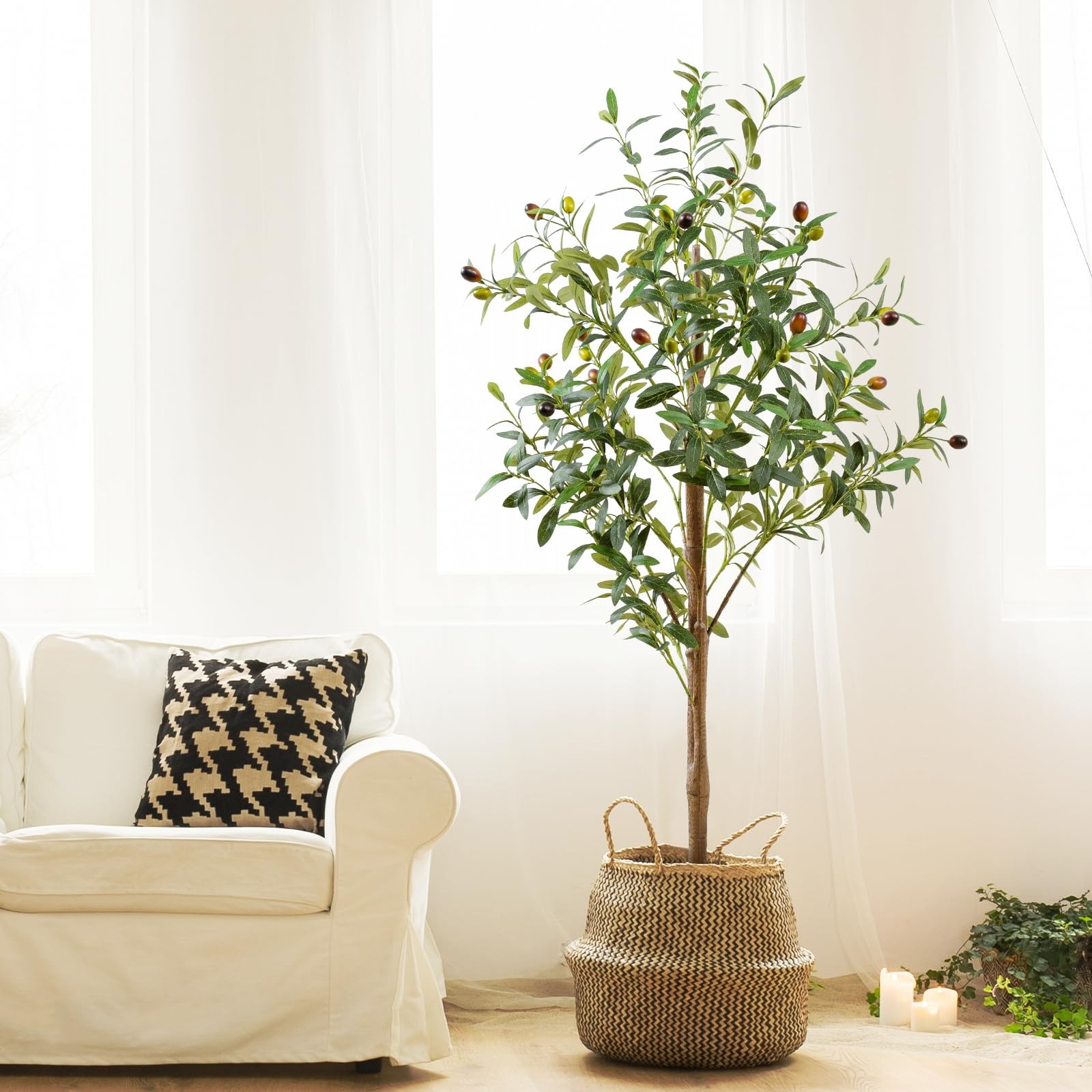 4FT Artificial Olive Tree Indoor, Tall Faux Olive Tree with Pot&Basket, Large…