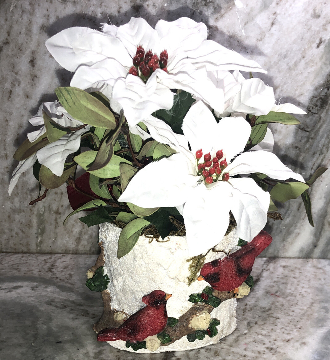 Christmas Cardinal Flower Pot Filled With 9”H x 10”W Artificial Flowers-NEW