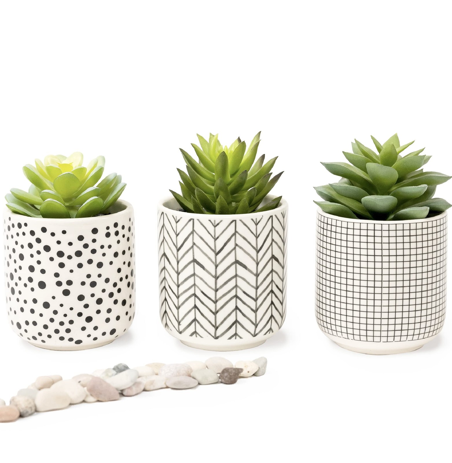 Artificial Succulents in pots | Set of 3 Black and White pots with Faux Succu…