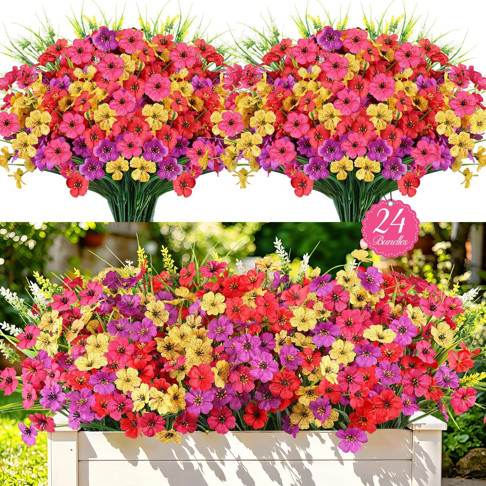 24 Bundles Realistic Fake Flowers for Outdoors, No Fade Faux Silk Flowers & A…