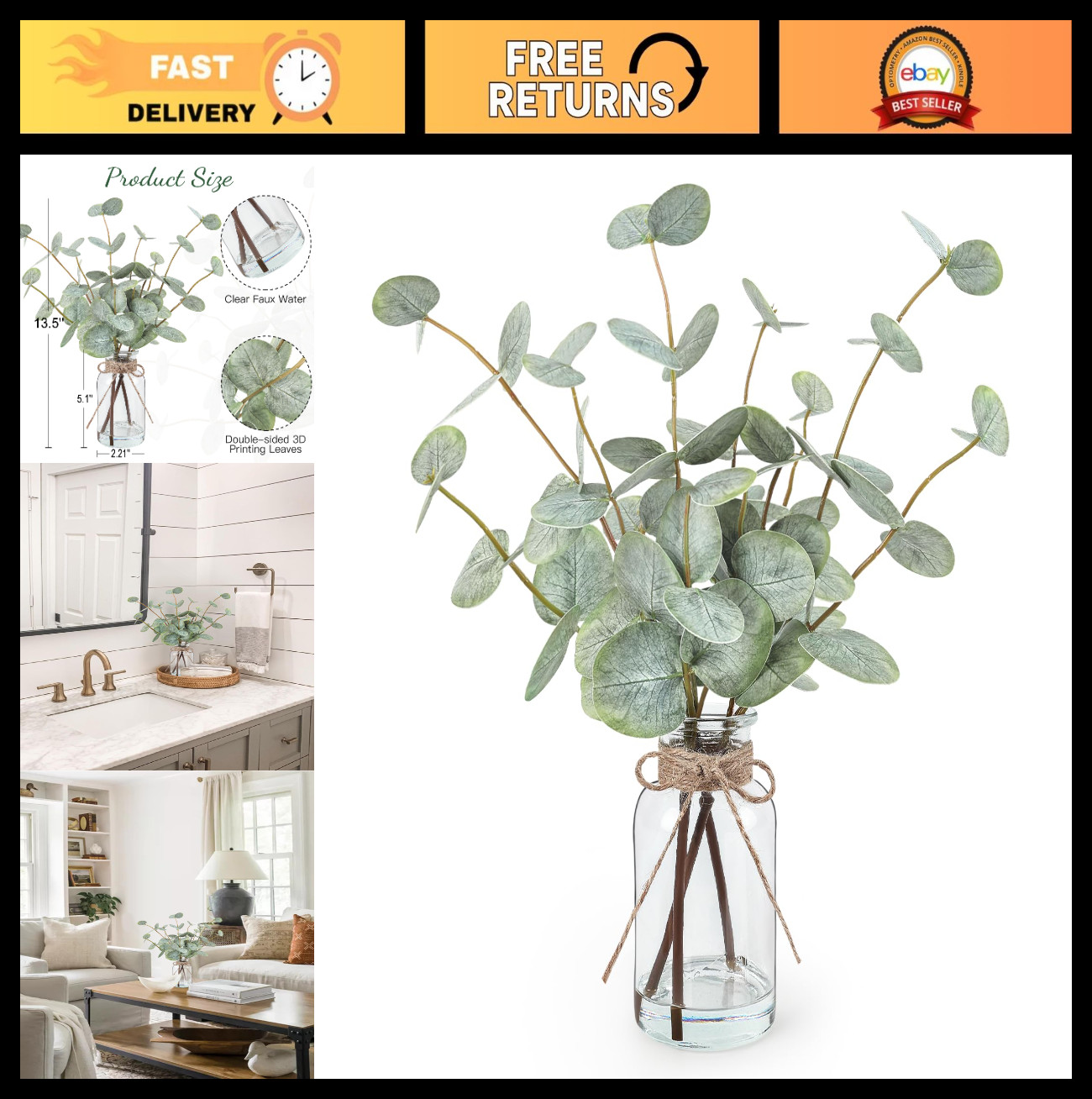 13.5″ Artificial Eucalyptus Stems in Glass Vase with Faux Water – Home Decor, Ce