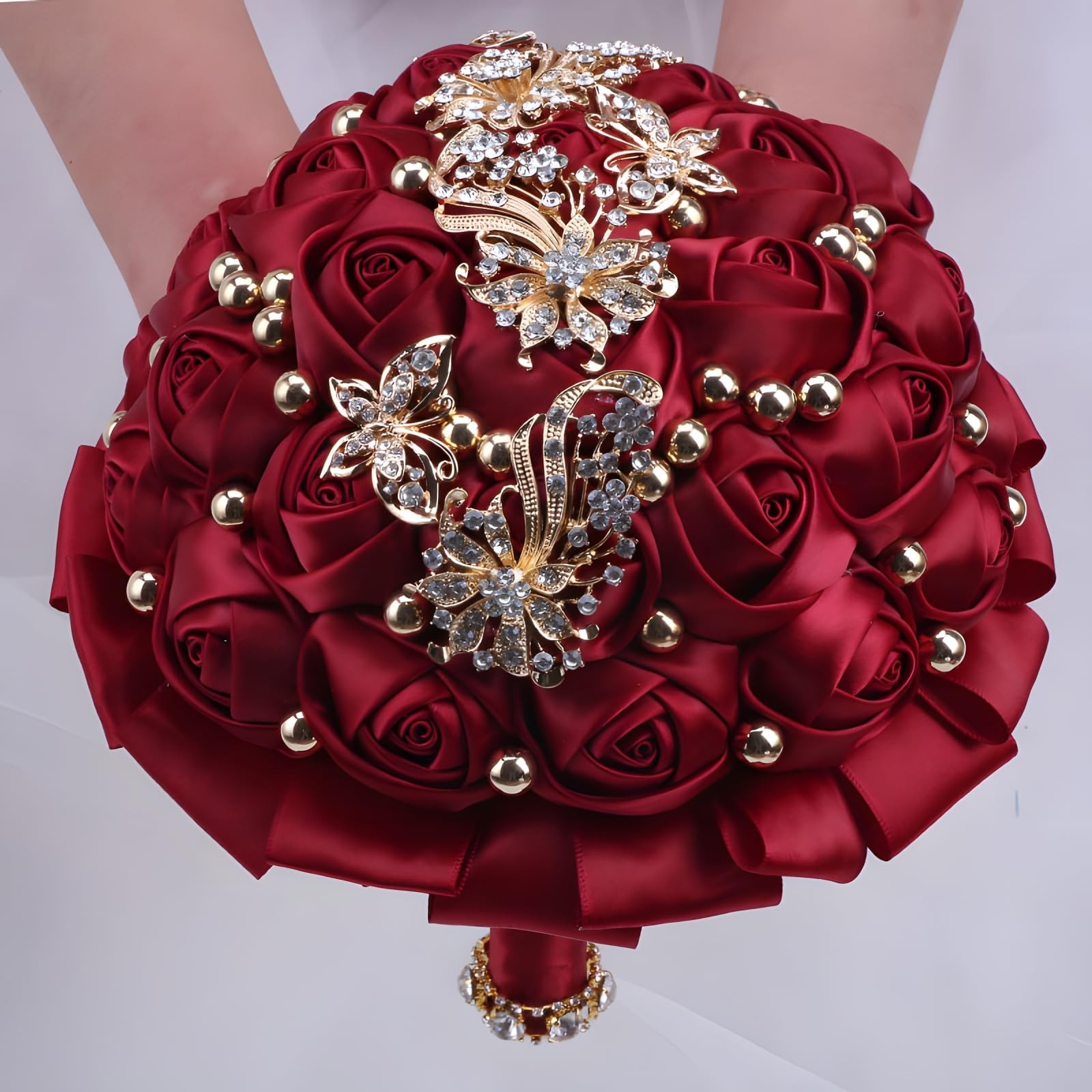 7 Inch Wedding Bouquet Red Satin Flower Bridal Holding Bridesmaid Button Broo…