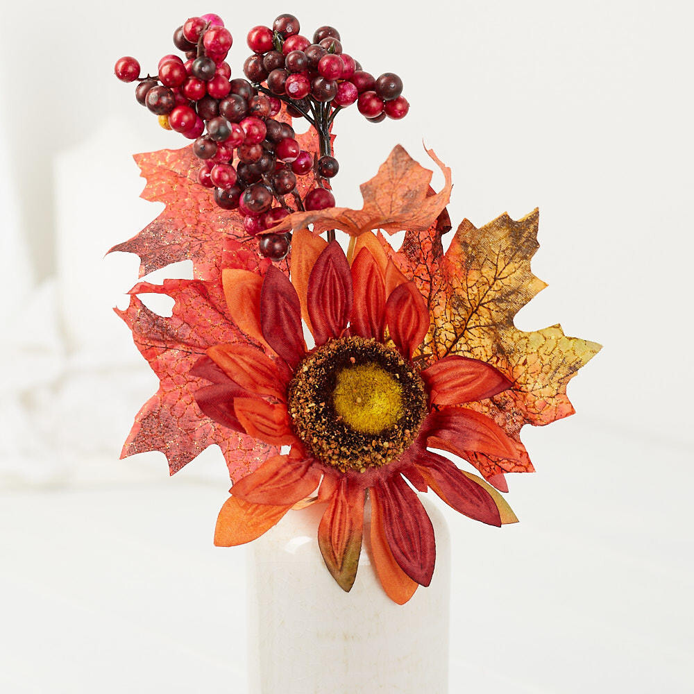 Group of 4 Artificial Fall Leaf and Sunflower Floral Embellishing 12-1/2″ Picks