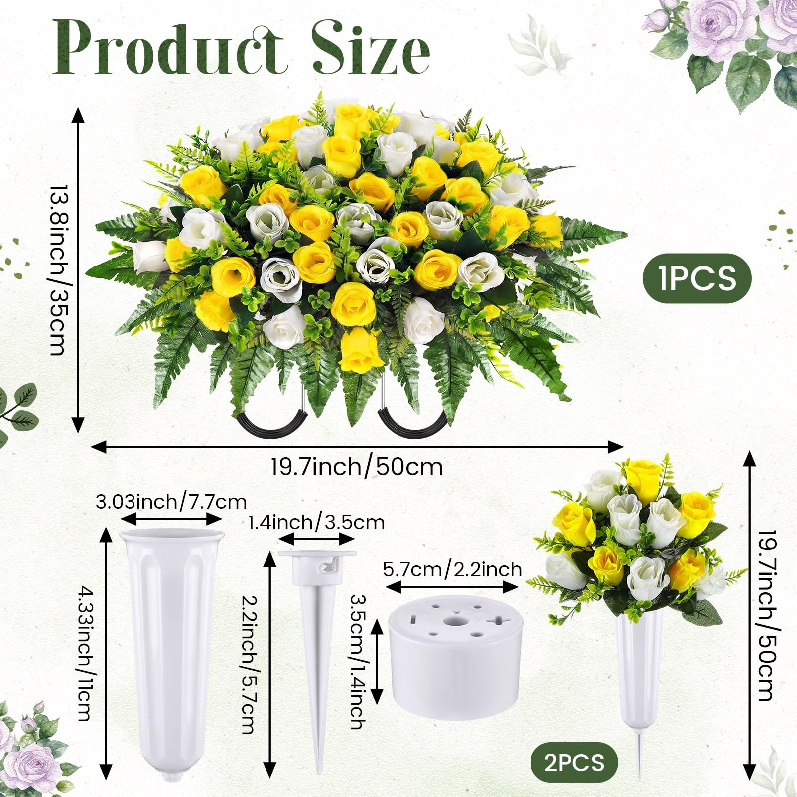 3 Pcs Artificial Cemetery Flowers for Grave Set 19.7″x13.8″ 1 Headstone Flowe…