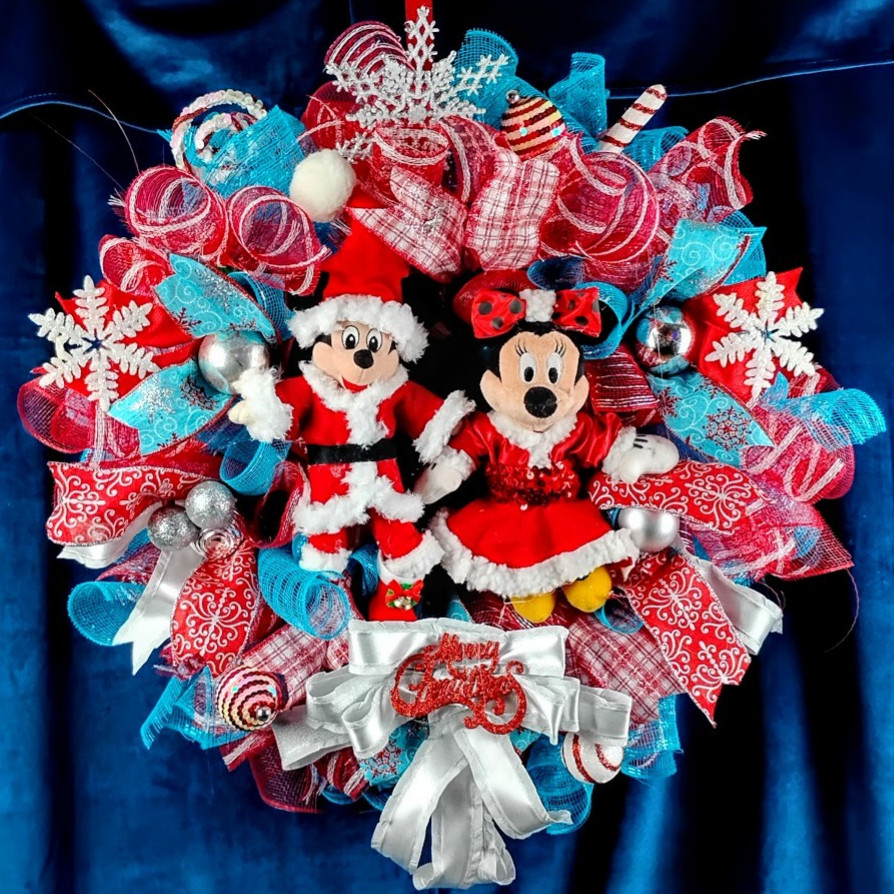 Mickey and Minnie Mouse Christmas Wreath Large 24″ Holiday Front Door Decor