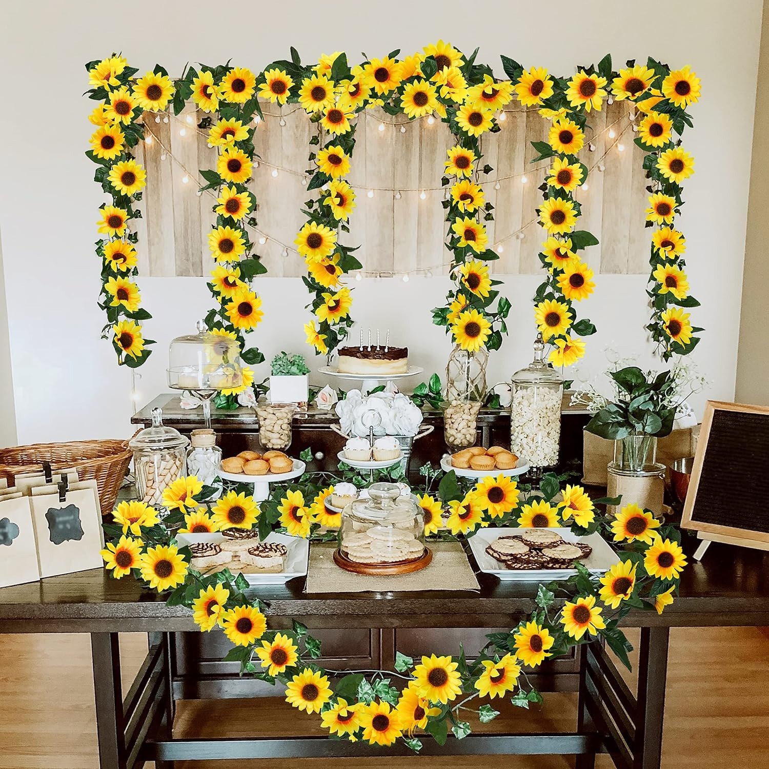 Artificial Sunflower Garland 3 Pack 7.5ft Silk Flowers with Green Leaves