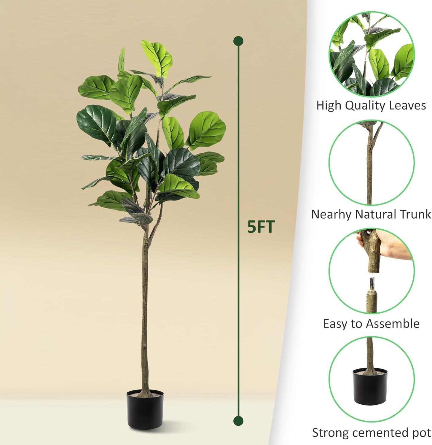Artificial Fiddle Leaf Fig Tree, 5FT Faux Ficus Lyrata Plant Tall Fake Tree