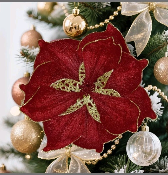 Poinsettias 16 Red Gold Sparkle Trim 9″ Total Stem 6″ Decorations For Tree Table
