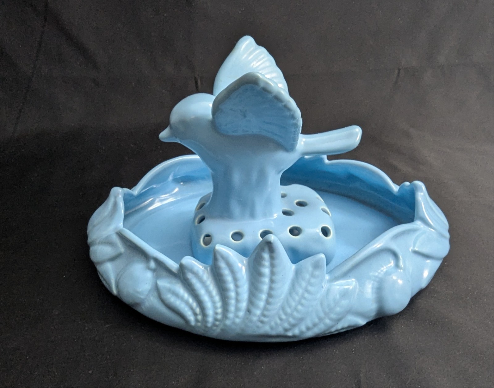 Vtg Camark Art Pottery Blue Shallow Bowl Planter & Bird Flower Frog Set (S4)