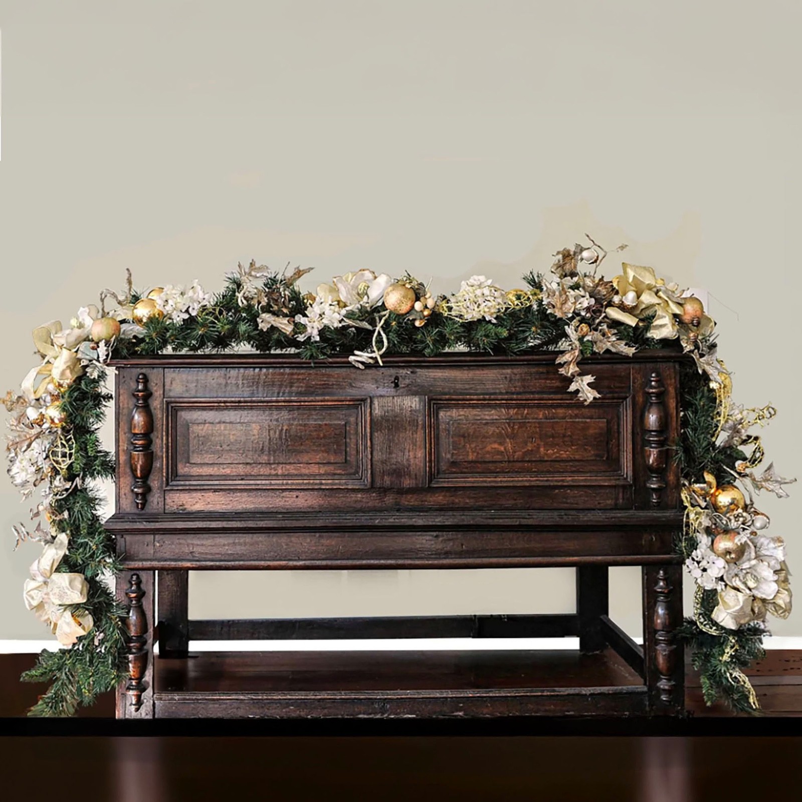 Holiday Swag with white silk Magnolias Hydrengeas Silver Glass Bubbles Gold