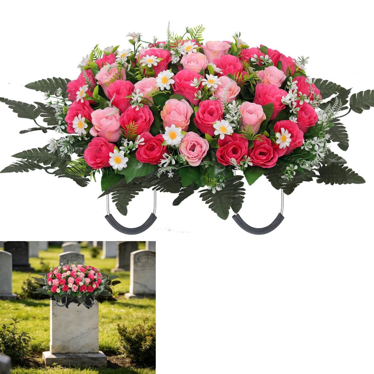 Headstone Flower Saddle Large Artificial Cemetery Flowers Grave Roses Daisy Pink