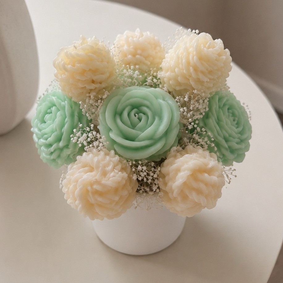 Artificial Mint Green & White Rose Floral Arrangement Centerpiece in White Pot