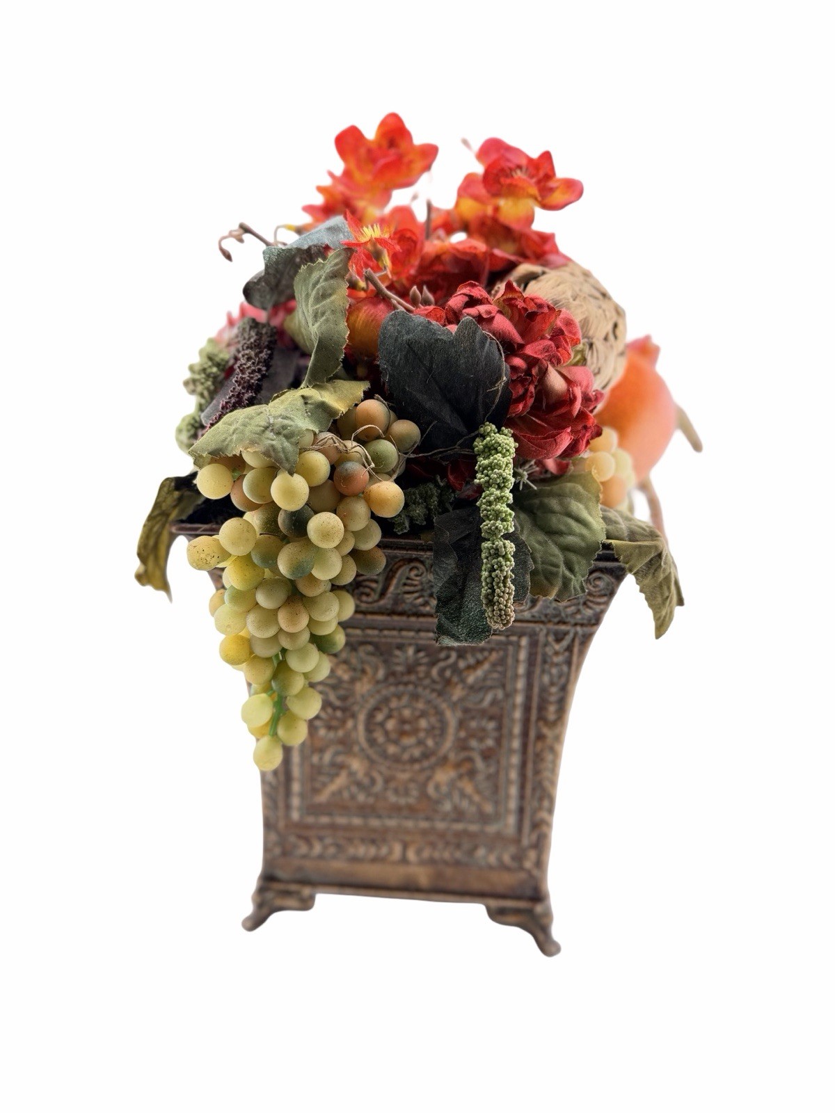 Fall Faux Floral Fruit Arrangement Grapes Pomegranate Planter Centerpiece 14”