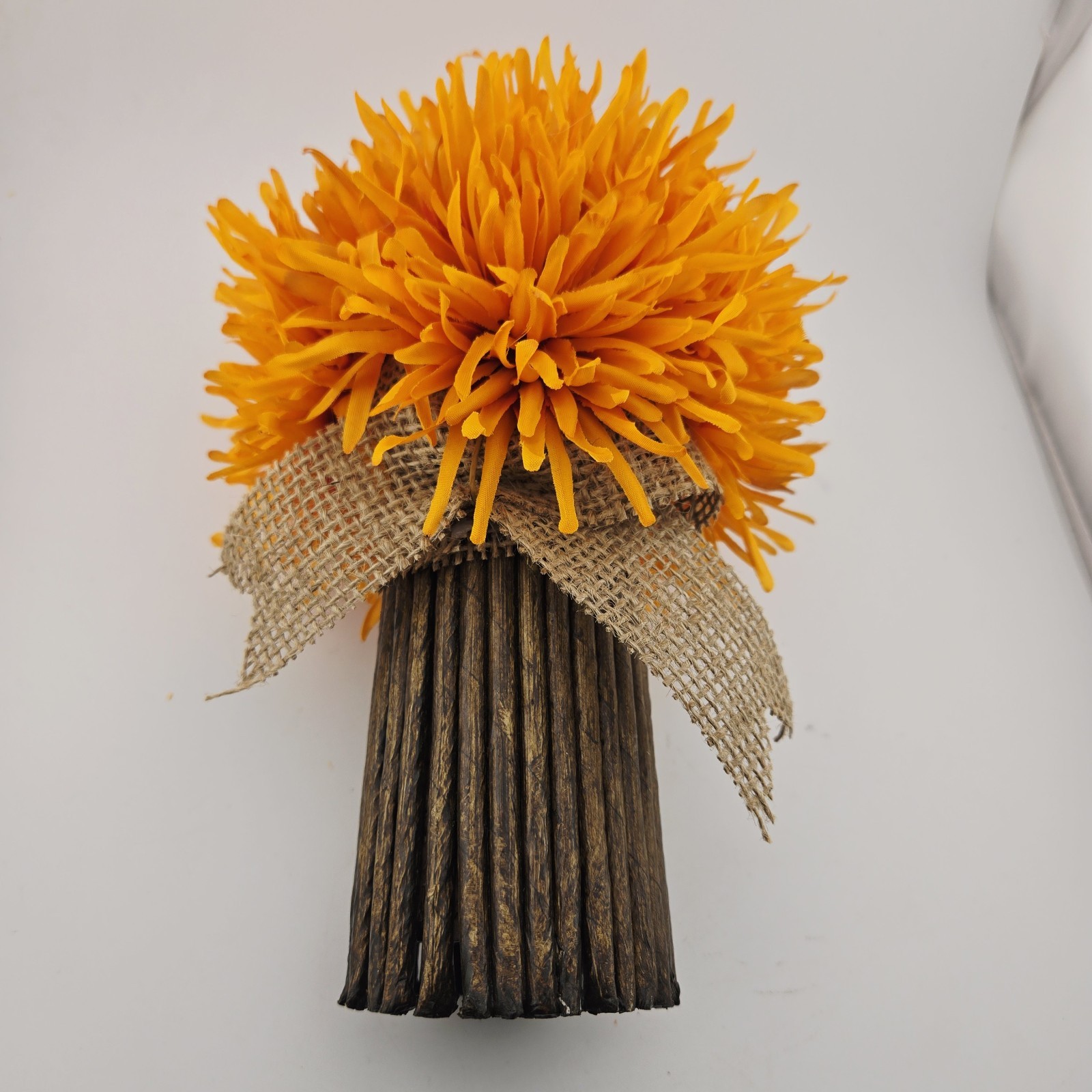 Orange Mum Artificial Floral Arrangement Lot of 6 Natural Vase 9″