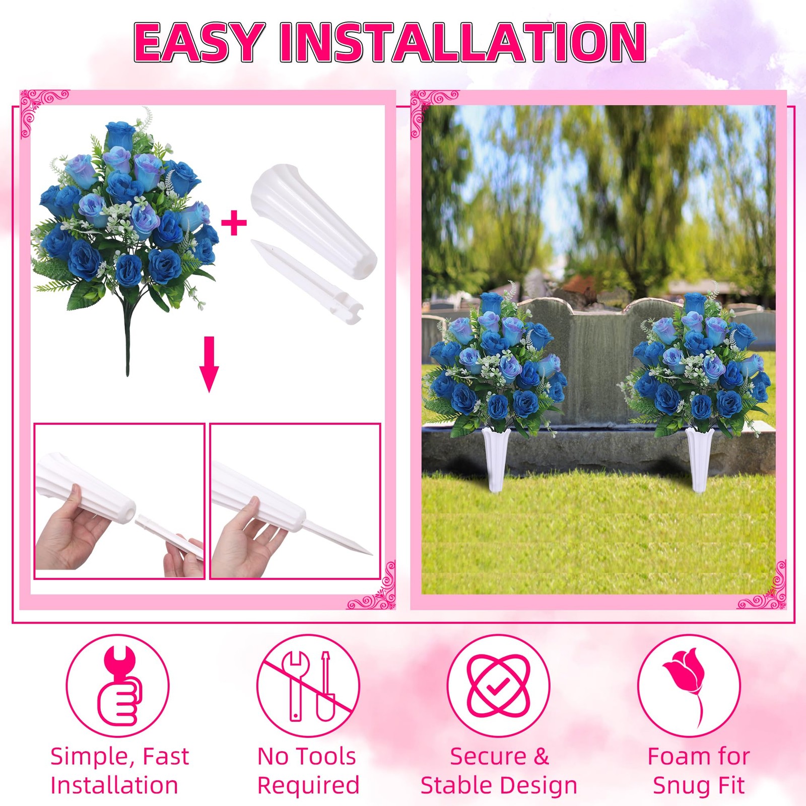 Set of 2 Artificial Cemetery Flowers, Grave Memorial Flowers with Vase, Outdo…