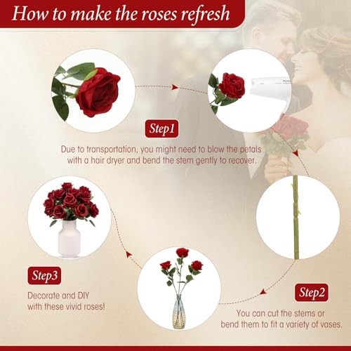 40 Pcs Rose Artificial Flowers Bulk with Long Stem,Realistic Silk Wine Red