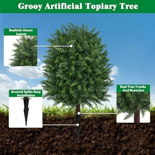 Artificial 28.7 Inches Cedar Topiary Trees with Ground Spike, 2 Pieces Fake Pine