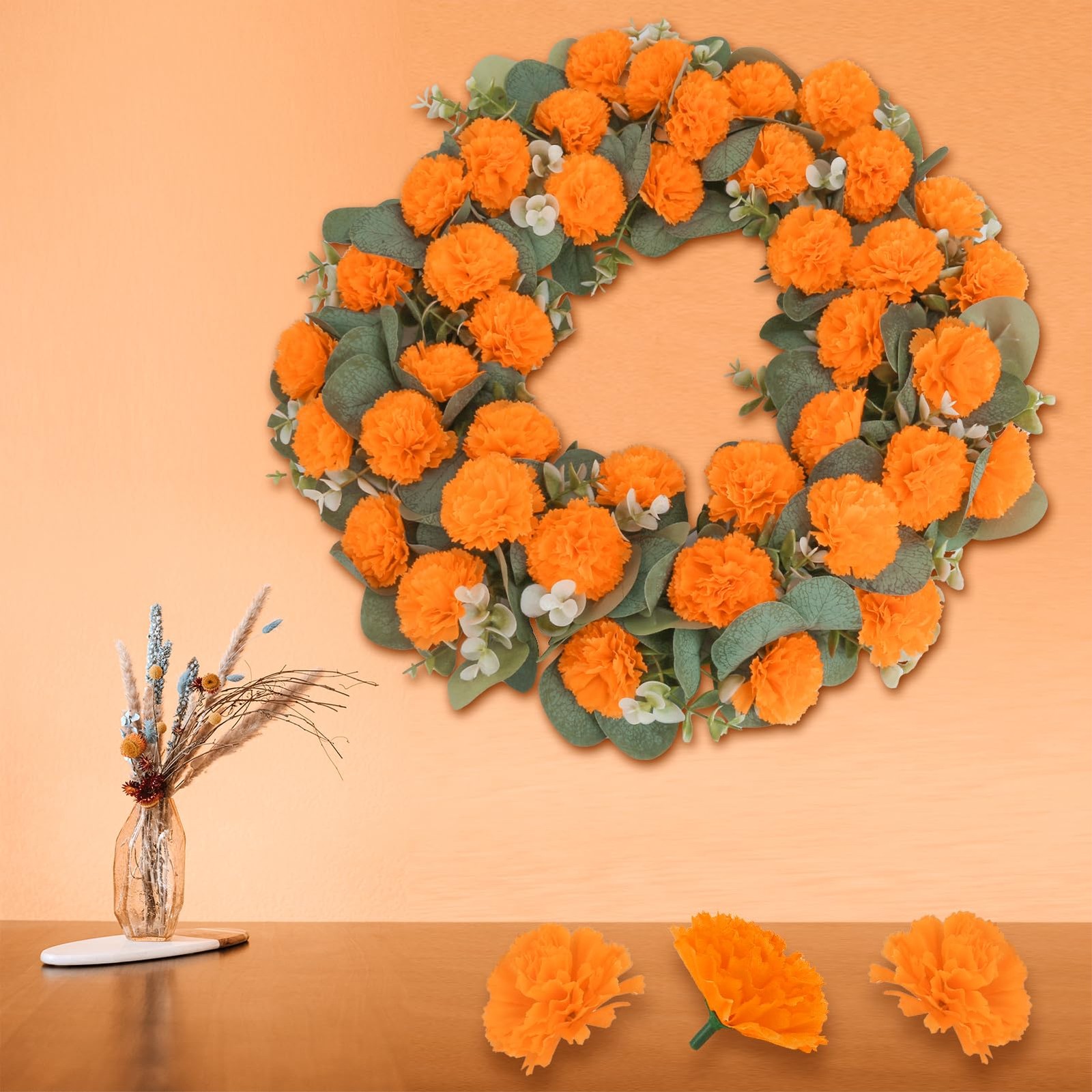 50 Pcs Artificial Marigold Flowers,2″ Silk Marigold Flower Heads with Stems,O…