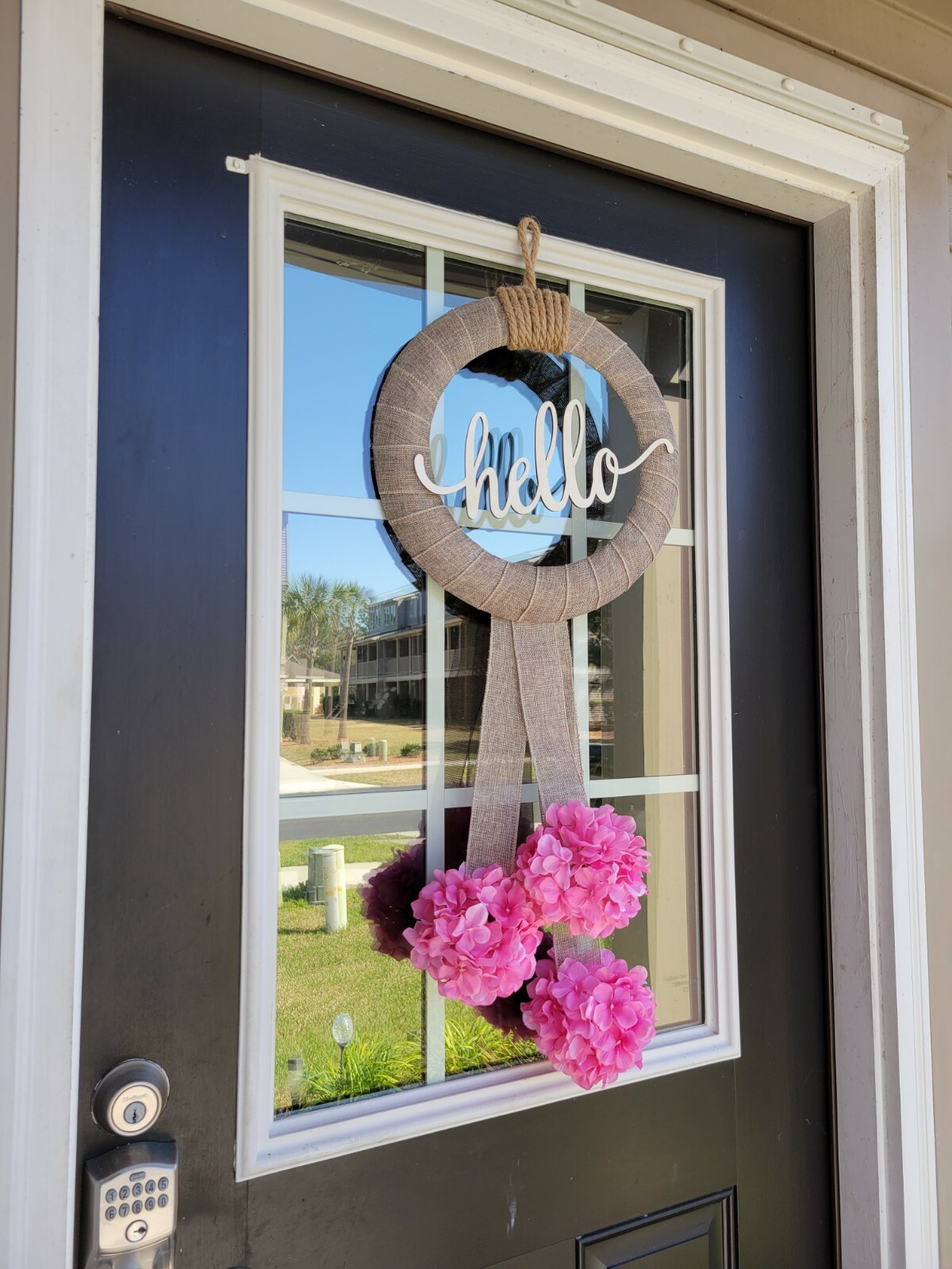 HELLO wreath FLOWER Pink Hydrangeas burlap Decor Front Door Nautical Rope hook