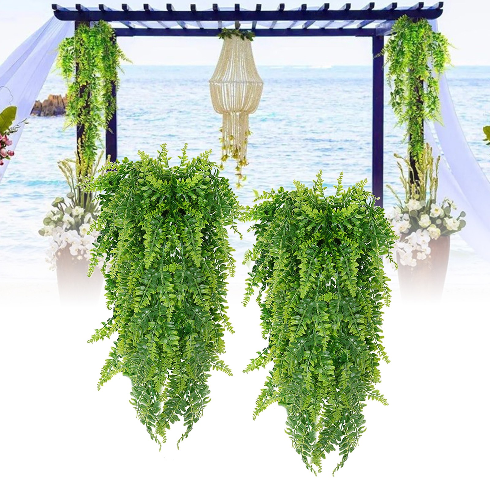 2pcs Artificial Hanging Plants Fern Lifelike Decoration For Home Green 75cm