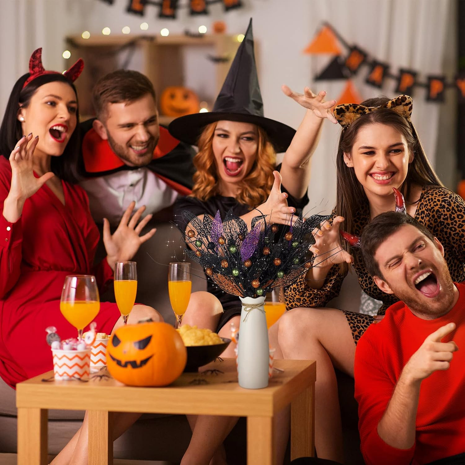 8 Pcs Halloween Branches Picks Stems Glitter Fake Twig Bush with Pumpkin Berries